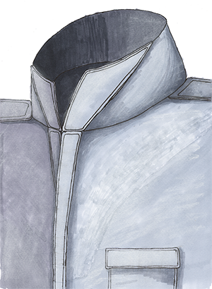 Manderin style shirt collar with embroidered controls.